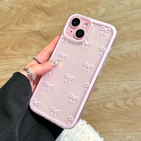 EYZUTAK Case for iPhone 15, Clear Cute Ribbon Bowknot Pattern Aesthetic Transparent Phone Case Raised Camera Protection Stylish Slim Soft Durable TPU Protective Cover for Women Girls - Pink - iPhone 15 - Pink