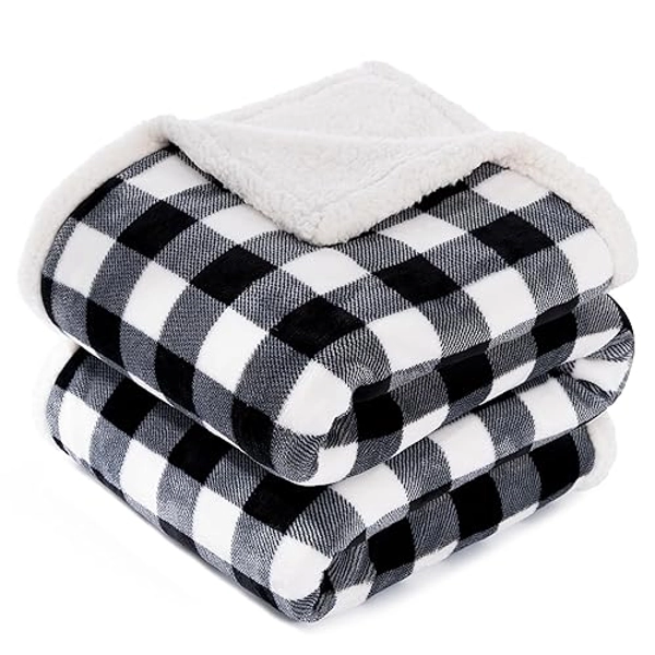 BEAUTEX Sherpa Fleece Flannel Throw Blanket, Super Soft Warm Buffalo Plaid Plush Blankets and Throws, Lightweight Cozy Fuzzy Blanket for Couch Sofa Bed (Black, Throw 50" x 60") - Black - Throw-50"x60"