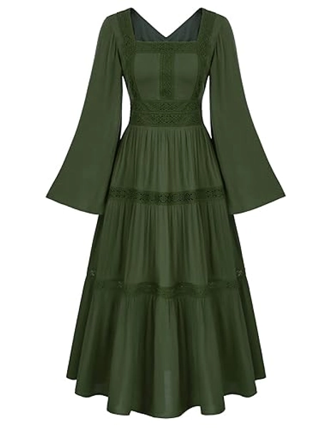Scarlet Darkness Renaissance Dress Women Pirate Peasant Tiered Flowy Long Dresses - Green - Small