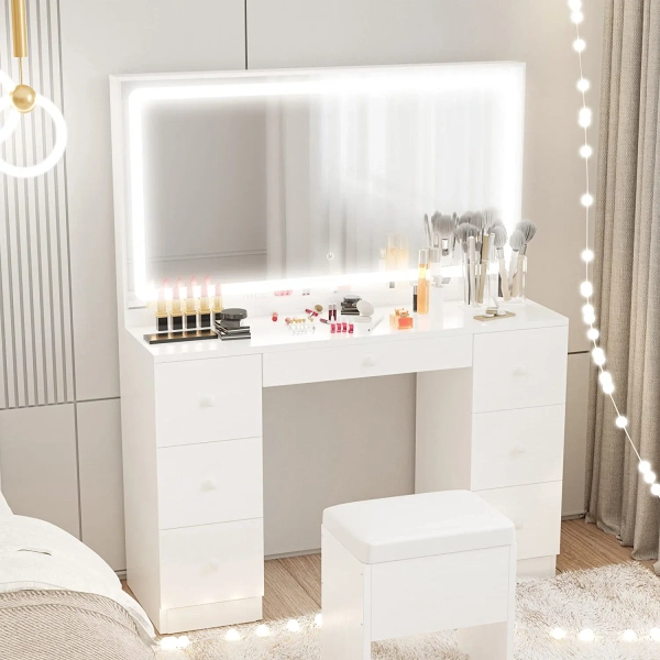 Latitude Run® Makeup Vanity Desk with LED Lighted Mirror & Power Outlet & 7 Drawers & Reviews | Wayfair