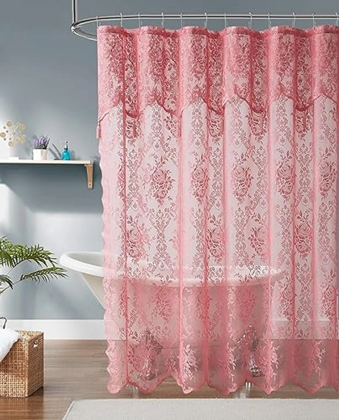 Warm Home Designs Rose Pink Lace Shower Curtain 72 x 72 with Attached Valance & 7 Tassels. Luxury Farmhouse Shower Curtains for The Bathroom or Boho Shower Curtains for Bathroom. LA Rose 72" - Rose Pink - 72"W x 72"L (Pack of 1)