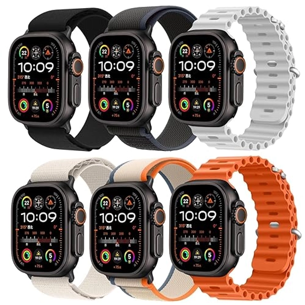 6 Pack Sport Bands - Compatible with Apple Watch Ultra 2/Ultra Bands 49mm 45mm 44mm Men Women,Breathable Trail Loop+Alpine Loop+Ocean Bands for iWatch Ultra 2/Ultra Series 10 46mm SE 9/8/7/6/5/4