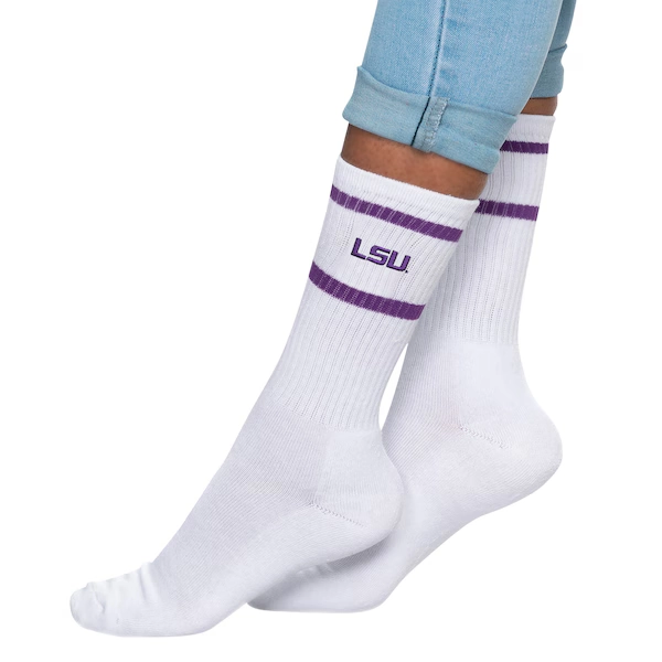 Women's ZooZatz White LSU Tigers Striped Crew Socks