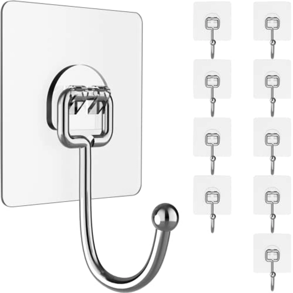 Large Hooks for Hanging Heavy-Duty 44Ib(Max) 10 Packs, Wall Hangers Without Nails Self-Adhesive Traceless Clear and Removable, Waterproof and Rustproof Multiple Uses for Bathroom Kitchen Home - 10 Large Hooks