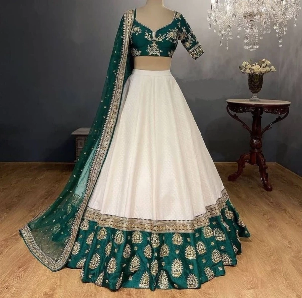 Green-White Sequin Work Lehenga Choli