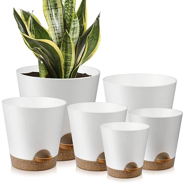YNNICO Indoor Self Watering Planters with Drainage Holes and Saucers, 8, 7, 6.5, 6, 5.5, 5 Inches, White, 6 Pots - 8+7+6.5+6+5.5+5 inch - White