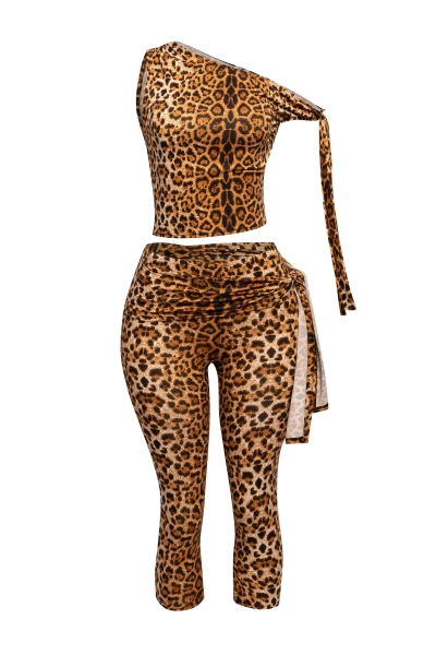 One shoulder tied detailed capri leggings set | LEOPARD / L