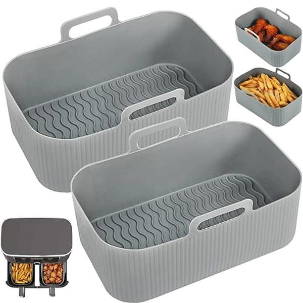 YQL Air Fryer Silicone Liner for Ninja/Tower Dual/Instant Vortex, Silicone Air Fryer Liners Reusable Air Fryer Accessories for Ninja Foodi AF300UK, Salter Dual Air Fryer (2PCS) - Grey