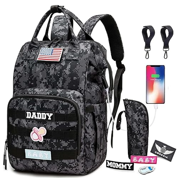 QWREOIA Camo Diaper Bag Backpack for Dad and Mom with USB Charging Port Stroller Straps and Insulated Pocket,army military Travel Nappy Backpack (DADDY and MOMMY patches) - Black Camo