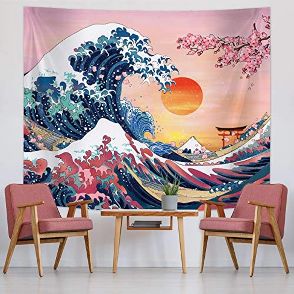 The Great Wave Tapestry Japanese Ocean Wave Wall Decorations Cherry Blossom Tree Backdrop Sunset Tapestry Wall Hanging Kanagawa Tapestry for Japanese Party Home Decorations (59 x 51 Inch) - 59 x 51 in