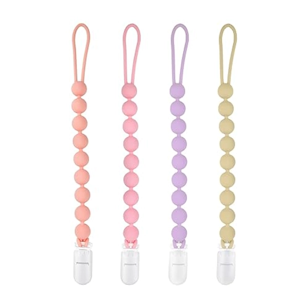 MINMUNJIU Silicone Pacifier Clip Holder, 4 Pack One Piece Soft Flexible Binky Clips Pacifier Holder Clip for Girls, Baby Newborn Essentials, Teething Relief, Birthday Christmas Shower Gift - Sytle 1