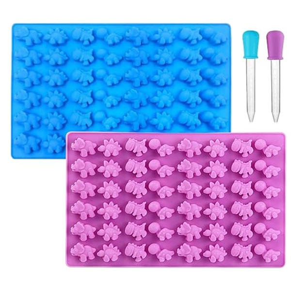 Dwwffer 2 Piece Mini Dinosaur Silicone Candy Molds,Non-Stick Gummie Chocolate Gelatin Tray with 2 Dropper,Creates 96 Sweet Snacks Triceratops T-Rex Stegosaurus Brontosaurus (Blue + Purple) - Blue + Purple