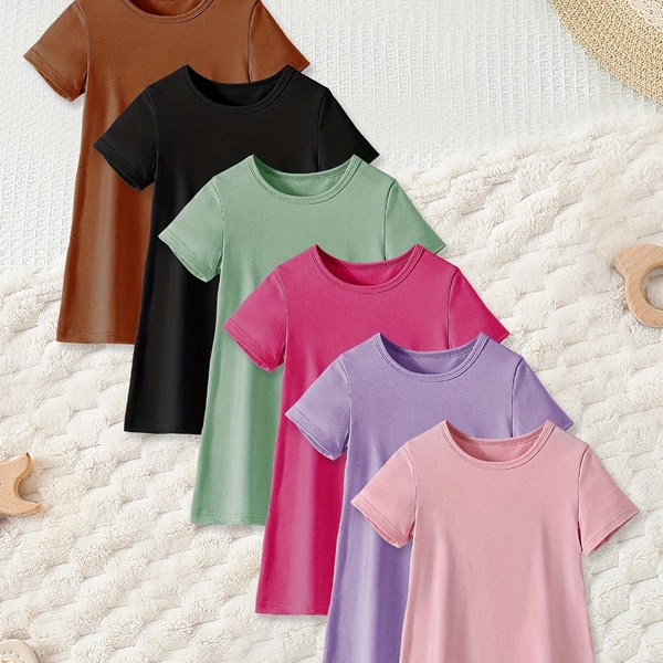 6pcs Girls Solid Color Dresses Set, Casual Short Sleeve T-shirt Dresses Versatile For Summer Leisure