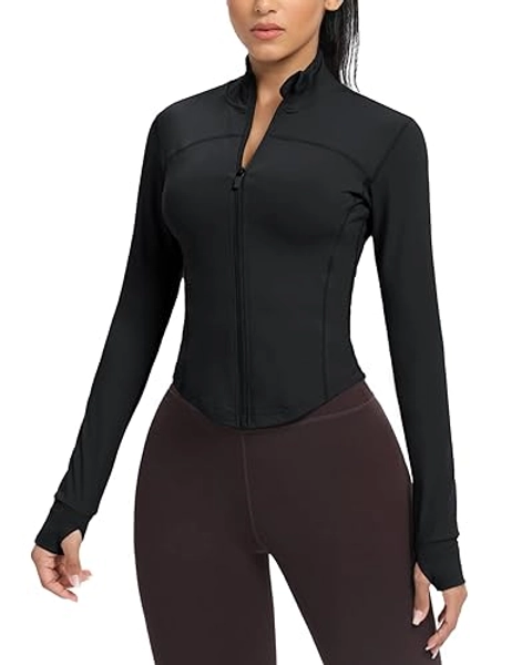 AVGO Women's Cropped Running Workout Jackets Zip Slim Fit Athletic Tops with Thumb Holes - X-Small - Black