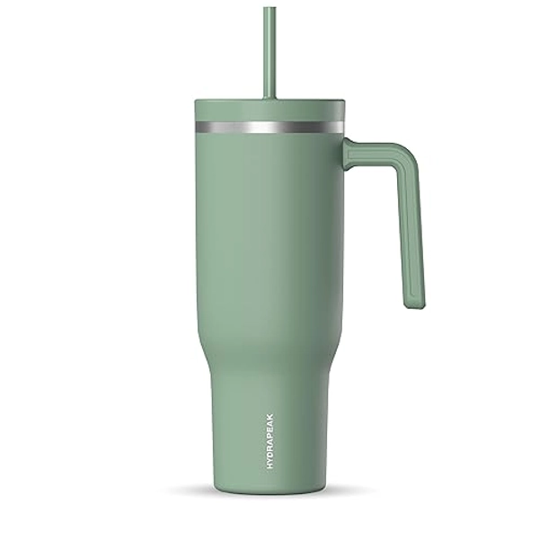 Hydrapeak Voyager 40 Oz Stainless Steel Tumbler with Handle, Insulated Water Bottle With Straw & Lid, Cupholder Friendly Reusable Travel Mug (Sage) - 40 Ounces - Sage