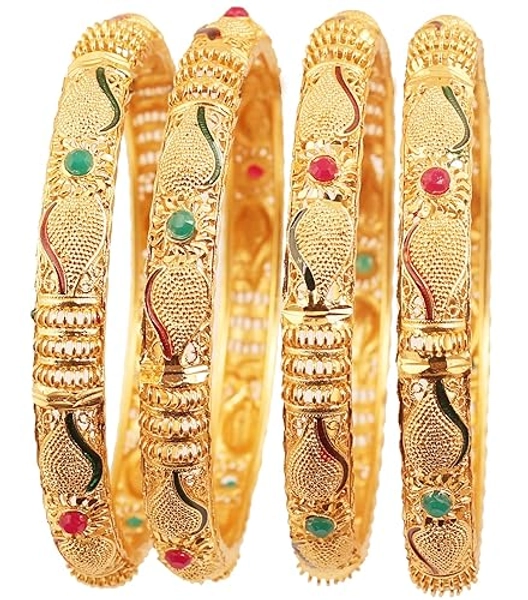 Touchstone Golden Bangle Collection Indian Bollywood Desire Beautifully Carved Conch Shell Inspired Thick Designer Jewelry Bangle Bracelets. Set of 4. in Gold Tone for Women - Bangles - M - Circ 7.8 in-Indn Size 2.8-Dia 2.5 in - Multicolor