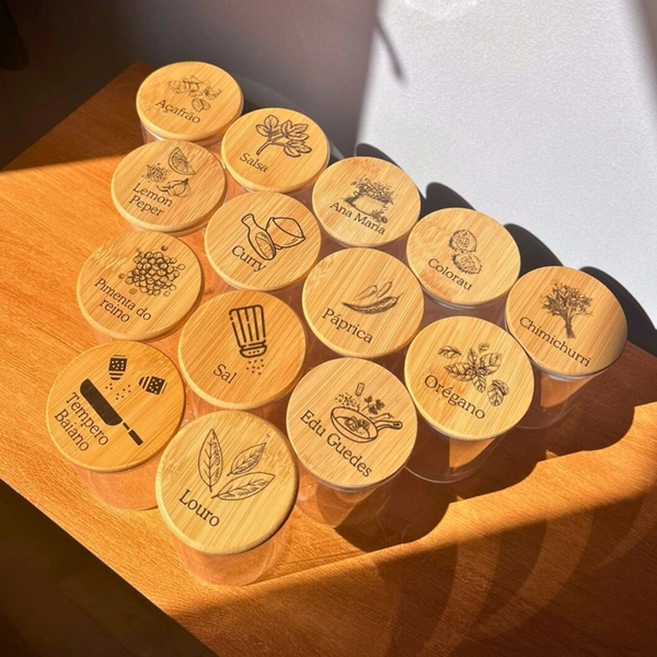 Pote Tempero Hermetico 200ml Hermetico Bambu Vidro Para Cozinha Potinho Personalizado