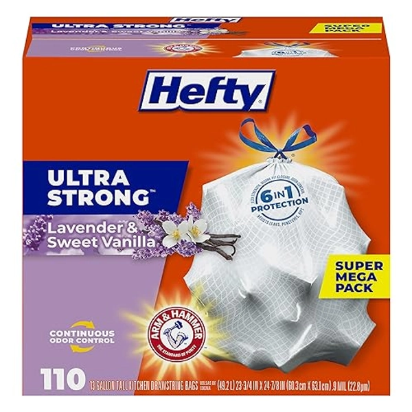 Hefty Ultra Strong 13 Gallon Trash Bags, Tall Kitchen Trash Bags, Break Resistant Drawstring Enclosure, Resists Leaks and Punctures, Odor Neutralizer, White, Lavender and Sweet Vanilla, 110 Bags