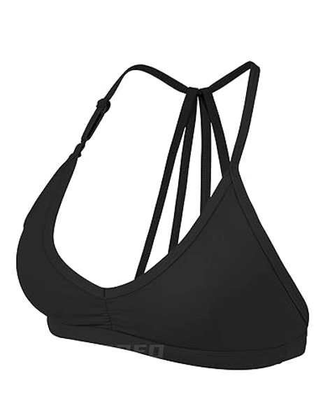 YEOREO Workout Sports Bras for Women Padded Strappy Open Back Gym Bra Light Impact Criss Cross Yoga Crop Top - Black - Small