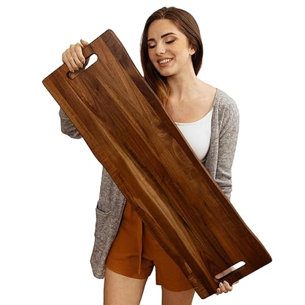 Large Acacia Serving Board with Handles, 36 x 12 Inch Rectangular Charcuterie Platter, Natural Wood Server for Meat, Cheese Board, and Party Appetizers, Extra Long 3ft - Dark