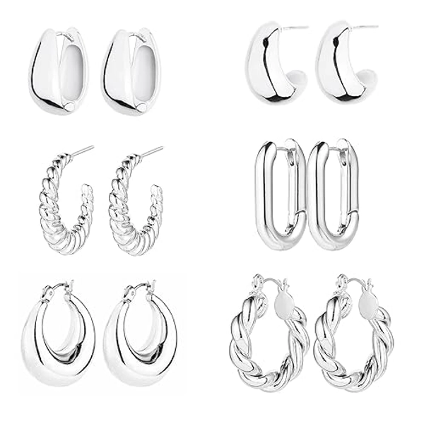 6 Pairs 14K Gold Hoop Earrings for Women Lightweight Chunky Hoop Earrings Multipack Hypoallergenic, Thick Open Twisted Huggie Hoops Earring Set Jewelry for Gifts. - Silver