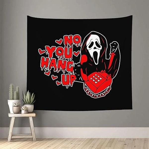 Black Horror Tapestry 60 x 50 Inch - 'No You Hang Up' Funny Ghost Wall Hanging, Romantic Halloween Home Dorm Decor - Black