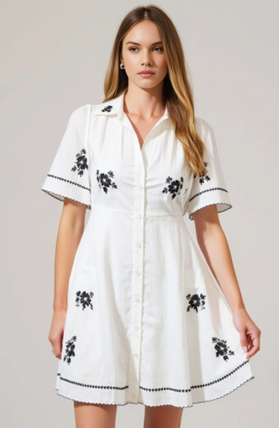 Scalloped Trim Short-Sleeve Button-Front Embroidered Shirt Dress