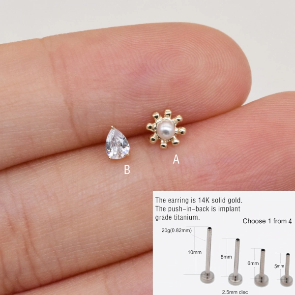 14k Solid Gold Sunflower Pearl Stud Earring Pear Solitaire Earring Teardrop Cartilage Earring Helix Conch Tragus Earring Flat Back Earring - Etsy