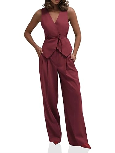 Cicy Bell Womens 2 Piece Outfits V Neck Tie Waist Blazer Vest and Wide Leg Business Casual Suit Pants Sets - Burgundy - Medium