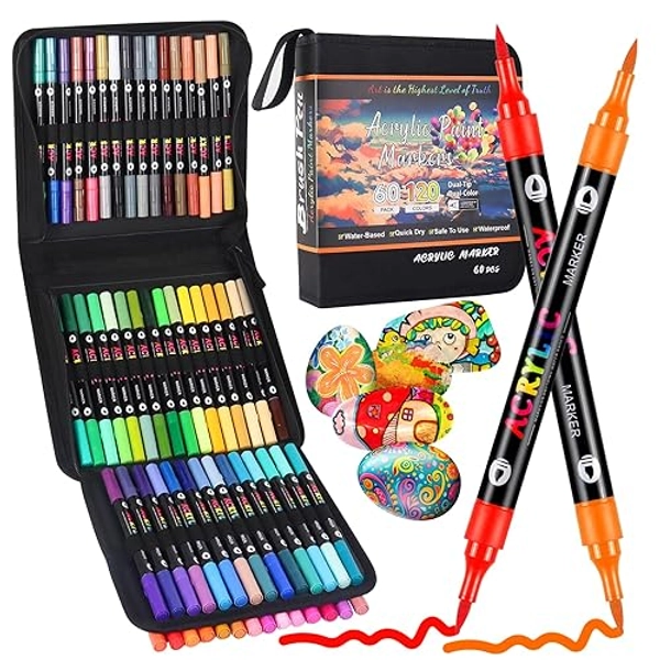 TrendGate 120 Couleurs 60 stylos Feutre Acrylique, Feutre Peinture Acrylique Double Pointe Pinceau, Marqueur Acrylique Pour Papier, Verre, Galet, Métal, Plastique, Bois, Oeuf, Céramique, Textile - 60 pièces 120 couleurs