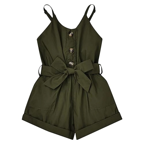 ODIMAME Girl Romper Summer Short Jumpsuit V-neck Adjustable Spaghetti Straps Side Pockets Outfits 5-14 Years Old - 9-10 Years - Green