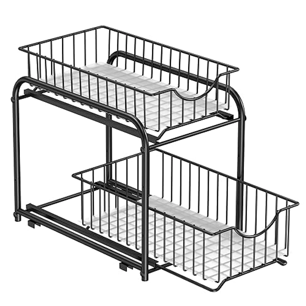 SONGMICS Cupboard Organiser, 2-Tier Under Sink Storage Organiser with Sliding Basket Drawers, Stackable Cabinet Organiser for Kitchen, Bathroom, Classic Black KCS017B01 - Classic Blac - 1