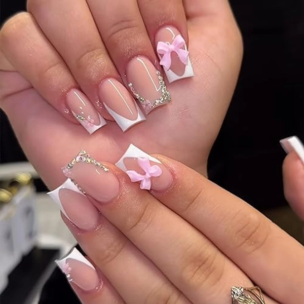 24 Pcs White French Tip Press on Nails Medium Coffin Shape Bow Fake Nails with Design Rhinestones Glue on Nails French Nail Tips False Nails Supplies Full Cover Glossy Acrylic Nails for Women Nail Art - White French Tip Press on Nails-5