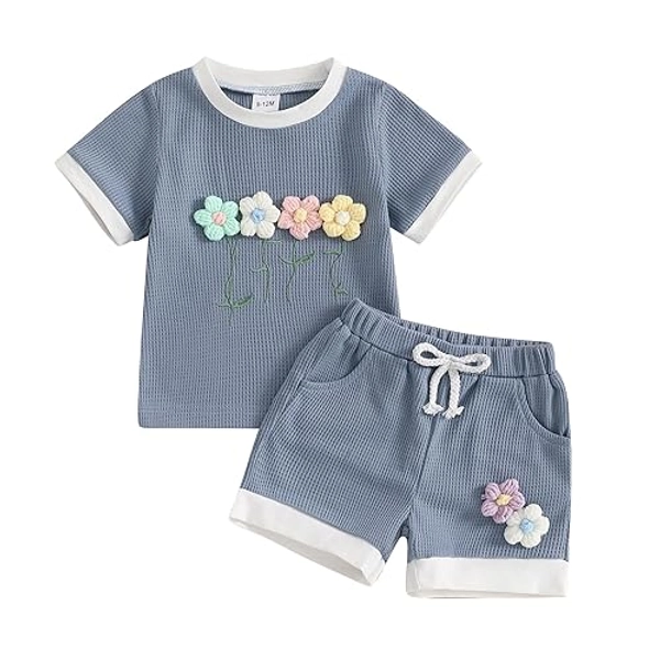 Amnnchya Toddler Baby Girl Outfits Floral Summer Clothes Infant Spring Waffle Short Sleeve Shirt Tops Cute Shorts Set - Blue - 12-18 Months