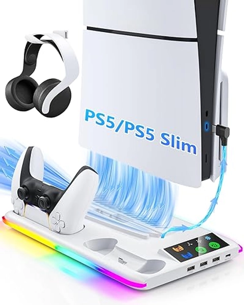 Controller Charger for PS5/PS5 Slim: PS5 Stand Cooling Fan and Controller Charger Station, PS5/PS5 Slim Accessories Vertical Charging Dock for PlayStation 5 Slim Console (White) - White