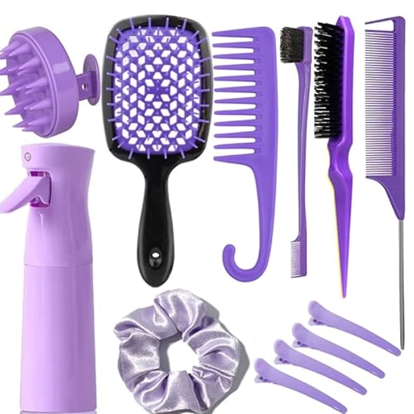12 Pcs Hair Brush Set for Women, Spray Bottle, 3 Pieces Slick Back Hair Brushes for Toddlers, Soft Scalp Massager, Detangling Hairbrush for Wet Dry Curly Hair Detangling, Wide Tooth Combs (purple) - Purple