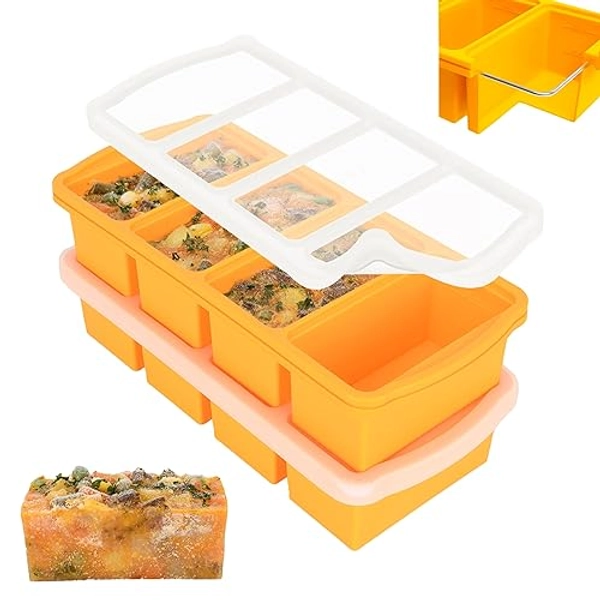 Zip Standing Silicone Freezer Trays with Lid,1-cup Soup Freezer Container large Ice Cube Molds with Reinforced Steel Ring Top for freezing Soup Sauce Broth Leftovers oven Dishwasher -Safe(2-Pack) - Yellow