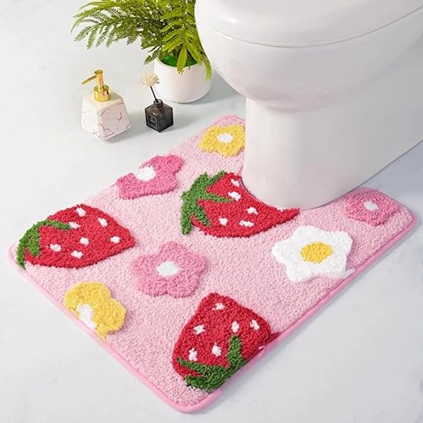 Anybar Pink Toilet Rugs U Shaped, Cute Strawberry Flower Bathroom Contour Toilet Mats,Extra Soft Absorbent Toilet Carpet Bathroom Rugs, Non Slip Bath Mat Washable Bath Rugs for Toilet Base(20x20 inch)