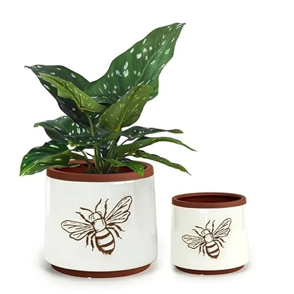 YBX Terracotta Pots Inch with Drainage Holes, Bee Decor, Ceramic Pots for Indoor Plants Flower Pots Outdoor, Succulent, Herbs, Snake Plants (White, 6+4 Inch) - 6+4 Inch - White