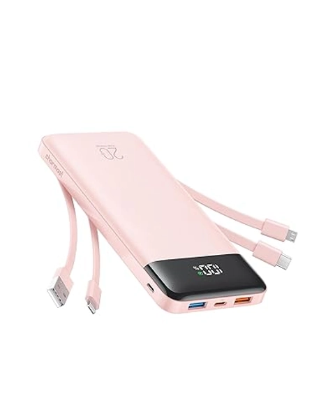 Charmast Portable Charger, 20000mAh Power Bank with Built-in Cables, 20W Fast Charging Travel Essential Battery Pack, LED Display Portable Charger Power Bank for iPhone, Phones, Tablets, More Devices - Dusty Pink