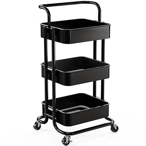 3 Tier Mesh Utility Cart, Rolling Metal Organization Cart with Handle and Lockable Wheels, Multifunctional Storage Shelves for Kitchen Living Room Office by Pipishell, Black - Black