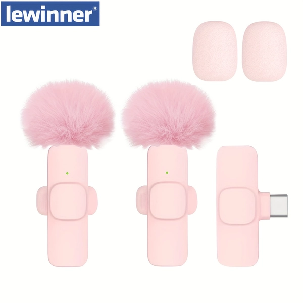 Lewinner Professional 2.4G Wireless Lavalier Microphone System for iPhone & for iPad - USB-C, Ultra-Low Latency, Noise Reduction, Auto Mute, Long Battery Life, Includes Pink Fluffy Headphones & Clip Holder - Ideal for Live Streaming, Interviews, Video Recording, Online Teaching
