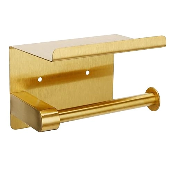 Noonext Toilet Paper Holder Gold, Adhesive Toilet Paper Holder with Phone Shelf, Toilet Paper Roll Holder SUS304 Stainless Steel, Self Adhesive or Wall-Mount with Screws - Gold