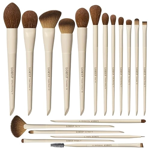 LORYP Makeup Brushes Set Labeled 18 Piece Face and Eye Brush Set Ultra soft hair Foundation, Concealer, Blush, Contour, Blending, Eyeshadow Khaki Brush kit