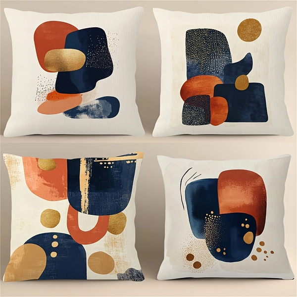 4pcs Modern Geometric 18x18 Inch Throw Pillow Cover Set - Abstract & Minimalist Designs in Blue, Orange, Golden, Navy - Soft Polyester, Double-Sided Print with Hidden Zipper - Ideal for Living Room & Bedroom Decor (Inserts Not Included), Christmas And Easter, Decorative, ZXC56781-56784