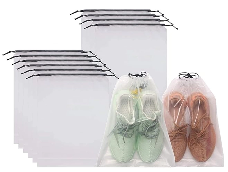 FunYoung 10x Schuhbeutel mit Zugband PE Schuhtasche, wasserdichte Kordeltasche, Multifunktionale Aufbewahrungstasche, Kofferorganizer Packbeutel Set, Packsack mit Tunnelzug - Transparent
