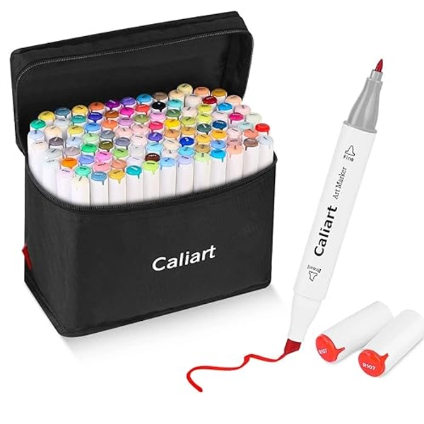 Caliart Markers, 100 Colors Dual Tip Art Markers Sketch Pens Permanent Alcohol Based, with Case for Adult Kids Halloween Drawing Sketching (White Barrel) - 100 Colors(White Barrel)