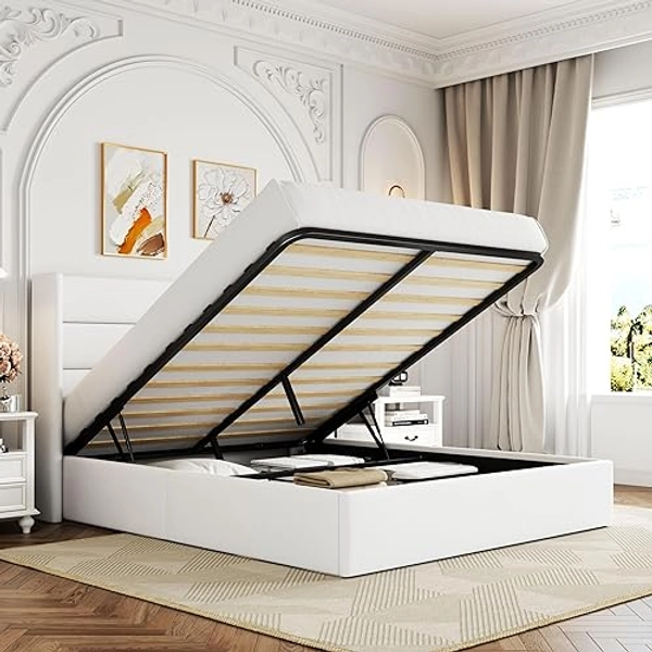 Allewie Queen Size Velvet Lift Up Storage Bed, Modern Wingback Headboard, Hydraulic Support, No Box Spring Needed, White - Queen - Modern - White