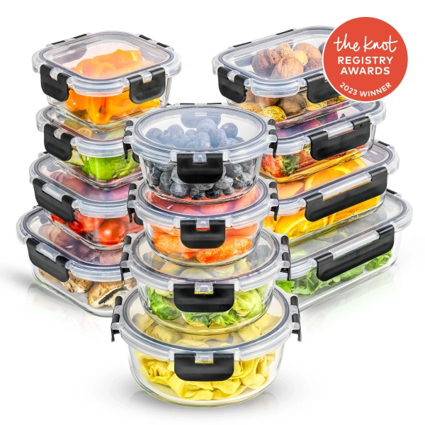 JoyFul 12 Glass Storage Containers with Leakproof Lids Set | Black / Food Storage Containers