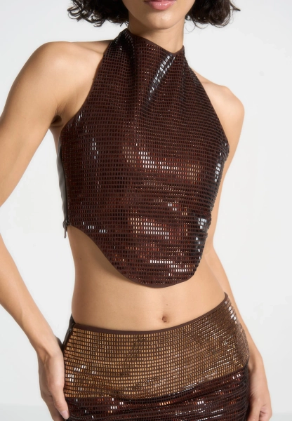 Rhinestone Ombre Halterneck Top - Brown/Gold | US 10 / Brown / WMN3797-11
